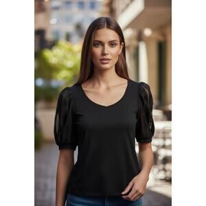 89th + Madison Black Puff Sleeve Blouse | Mesh Sleeves | Chic Dressy Top | M